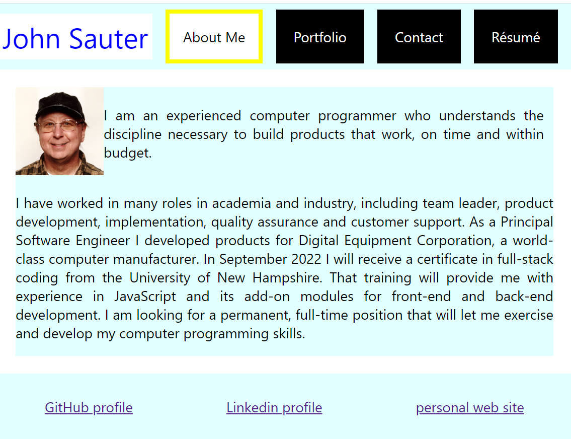 Screen shot of John Sauter's portfolio web site
